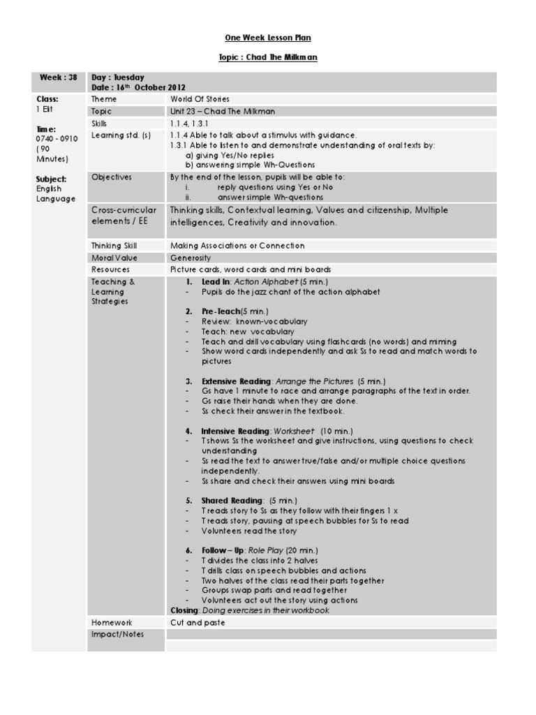 One Week Lesson Plan Question Lesson Plan