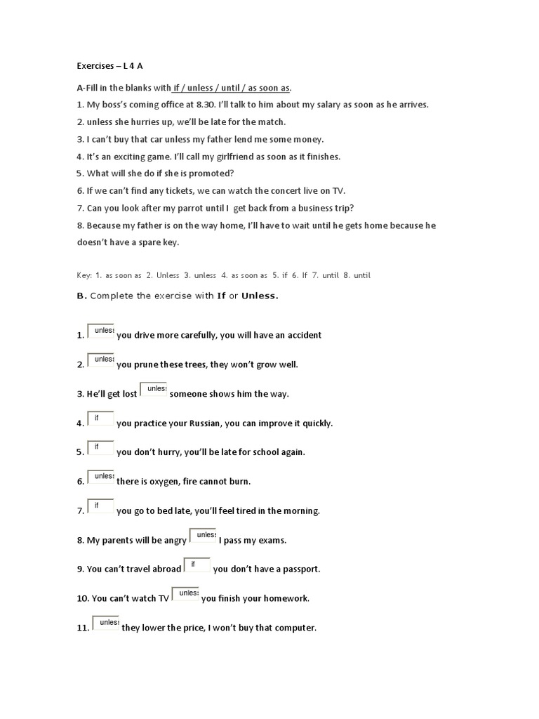 Conditional Exercises: If, Unless, As Soon As | PDF | Leisure