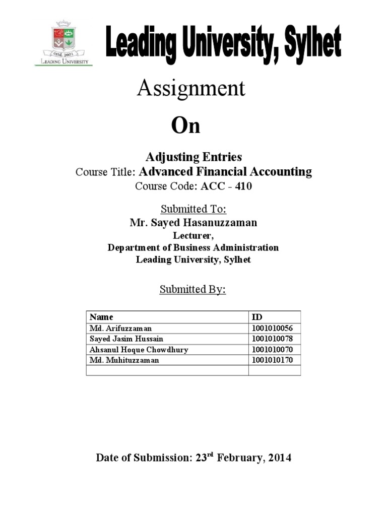 Assignment On: Adjusting Entries Advanced Financial Accounting | PDF ...