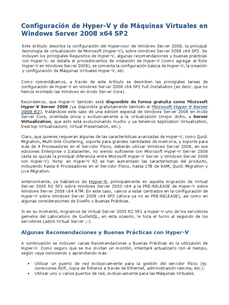 Configuración de Hyper-V en Windows 2008 | PDF | Grupo de computadoras ...