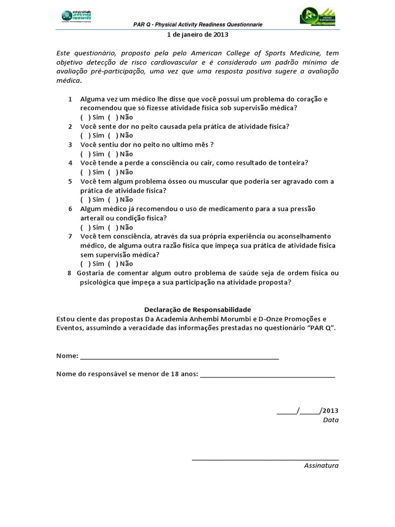 Questionario Pré-Atividade Para Academias