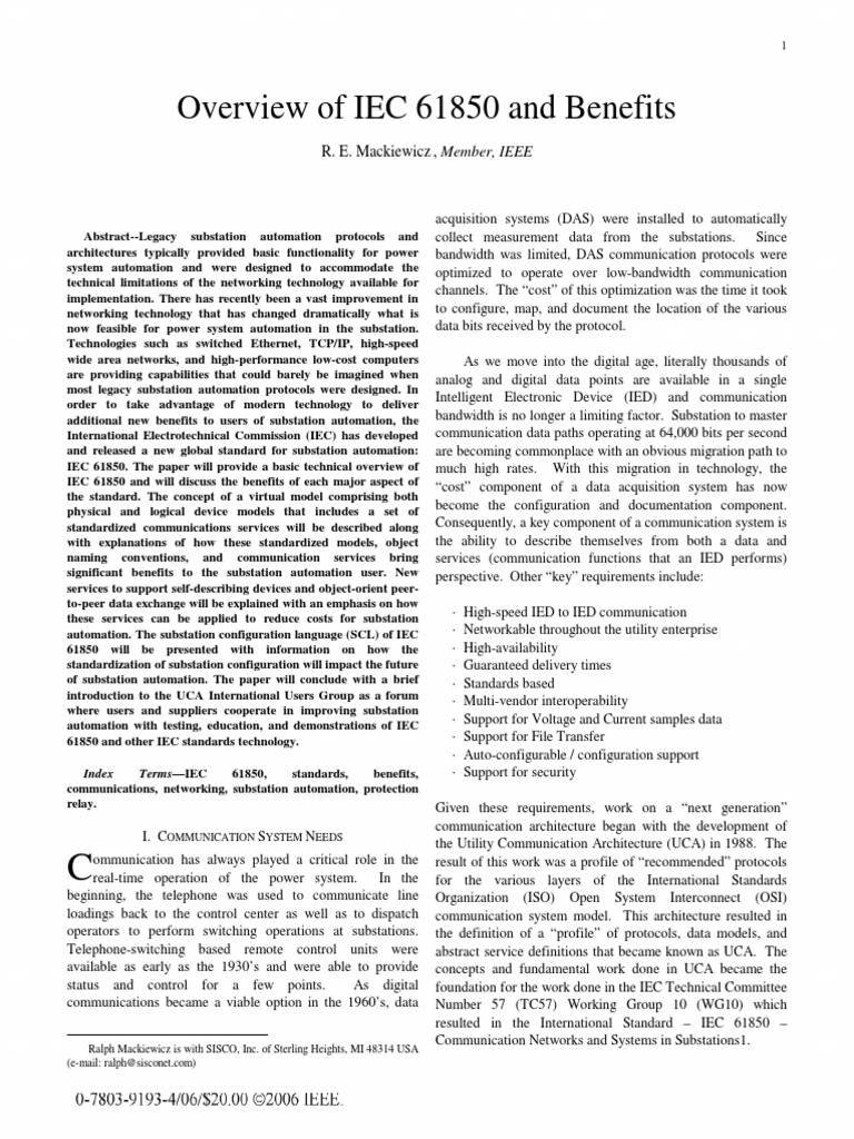 Overview of IEC 61850 and Benefits | PDF