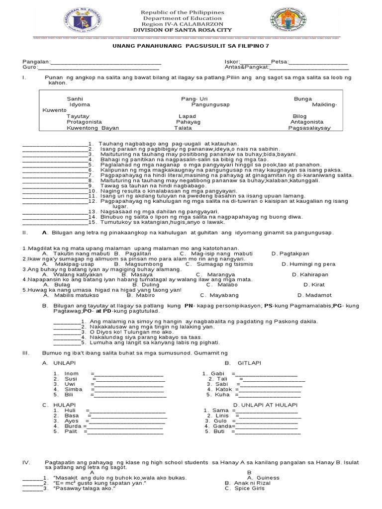Buwanang Pagsusulit Sa Filipino 7 | PDF