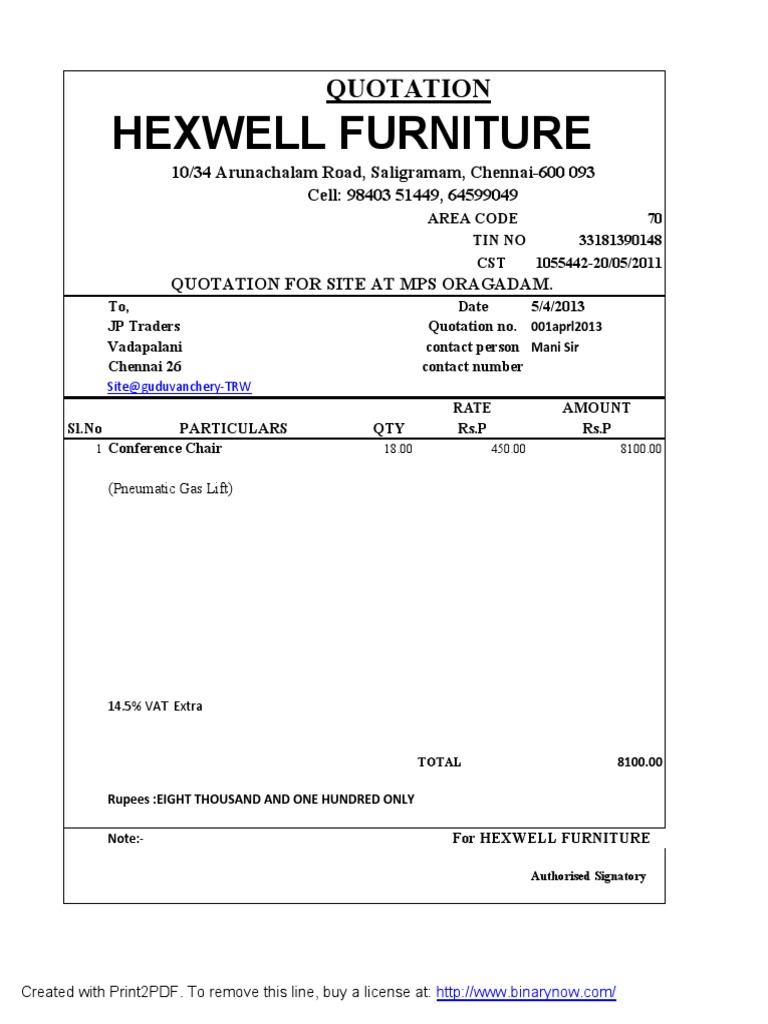 Quotation for Conference Chairs in Chennai | PDF | Finance & Money ...