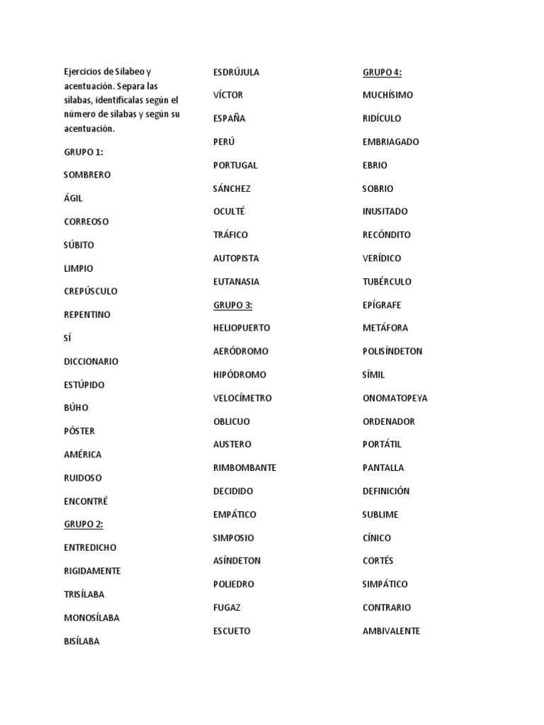 Ejercicios de Silabeo y Acentuacion | PDF | Estudios de idiomas ...