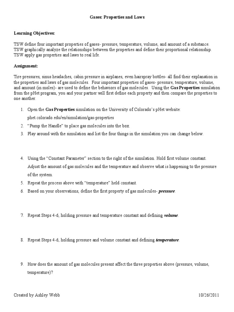 Gases Properties Phet Lab PDF Gases Pressure