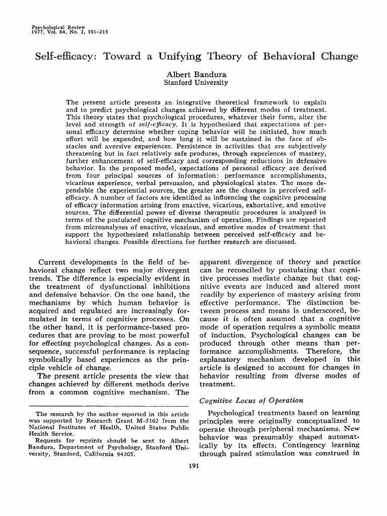 Albert Bandura - Self-Efficacy - Toward A Unifying Theory of Behavioral ...