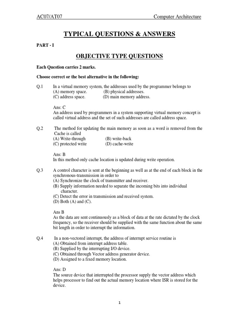 Computer Architecture: Typical Questions and Answers on Objective Type ...