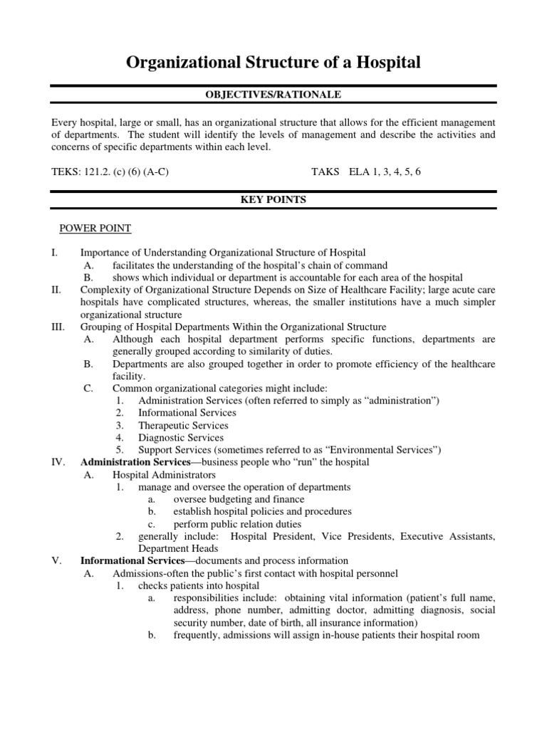 Organizational Structure of A Hospital | PDF | Nursing | Hospital