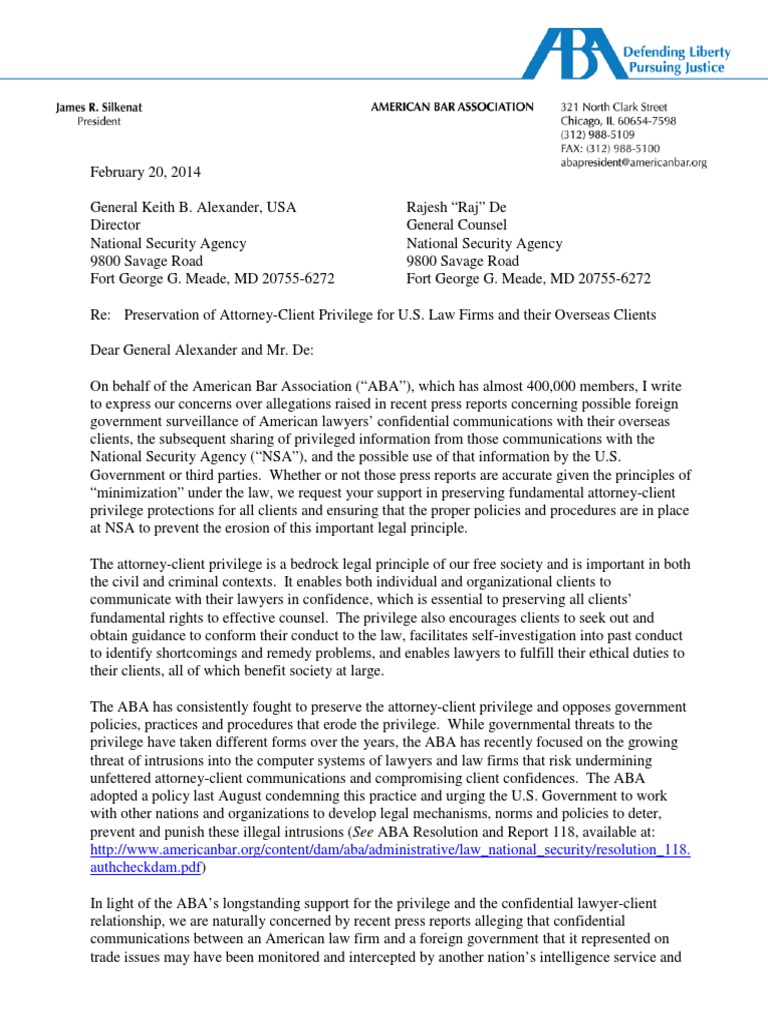 ABA Letter to NSA National Security Agency AttorneyClient Privilege