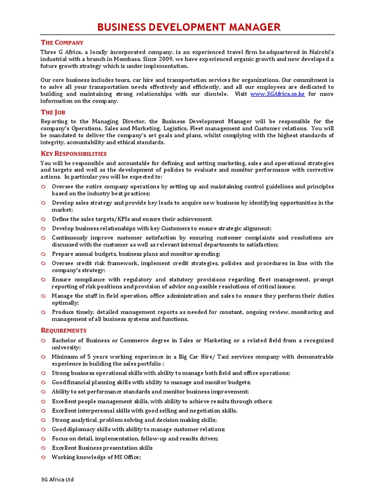 Business Development Manager Role at 3G Africa | PDF | Strategic ...