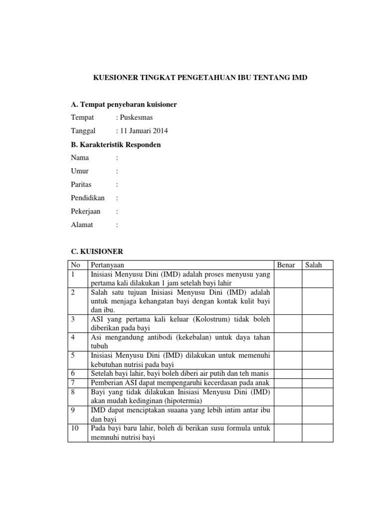 Kuesioner Tingkat Pengetahuan Ibu Tentang Imd