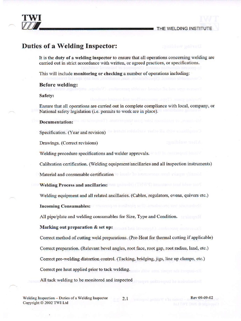 Duties of A Weld Inspector PDF Welding Construction