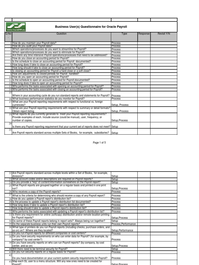 Oracle Payroll Questionnaire PDF Salary Payroll