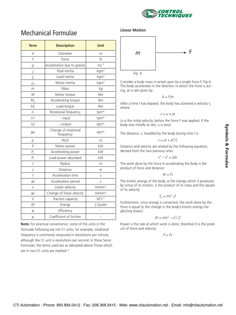Mechanical Formulae: Term Description Unit | PDF | Torque | Acceleration