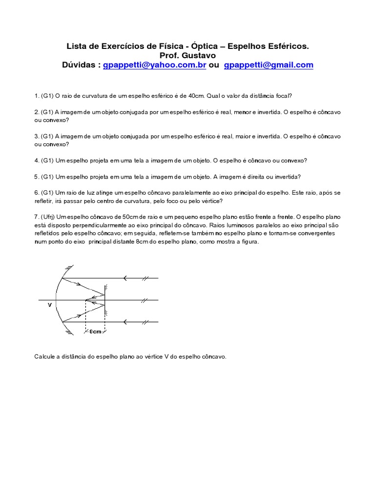 Exercícios de Óptica: Espelhos Esféricos | PDF | Espelho | Ótica