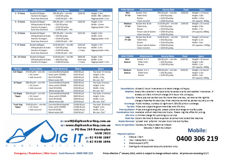 Dig It Plant Hire Rates | PDF | Fee | Payments