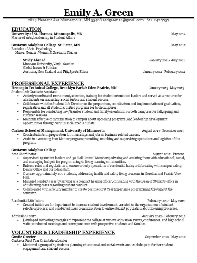 My Resume PDF Minnesota University Of Minnesota