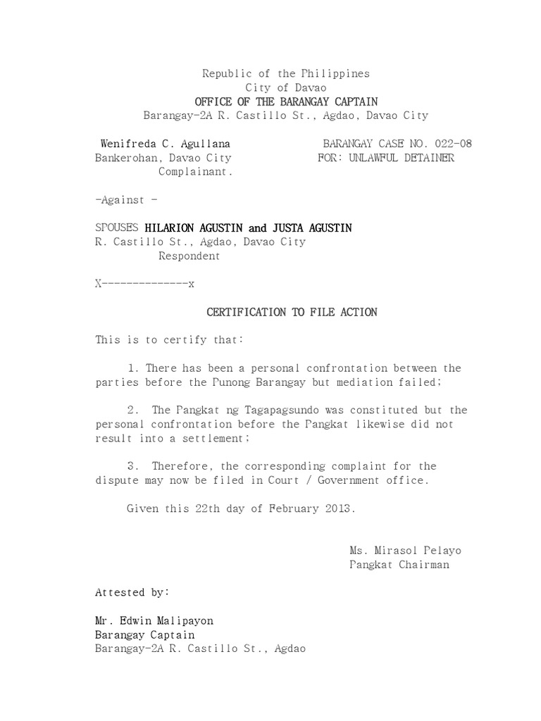 Certification to File Action