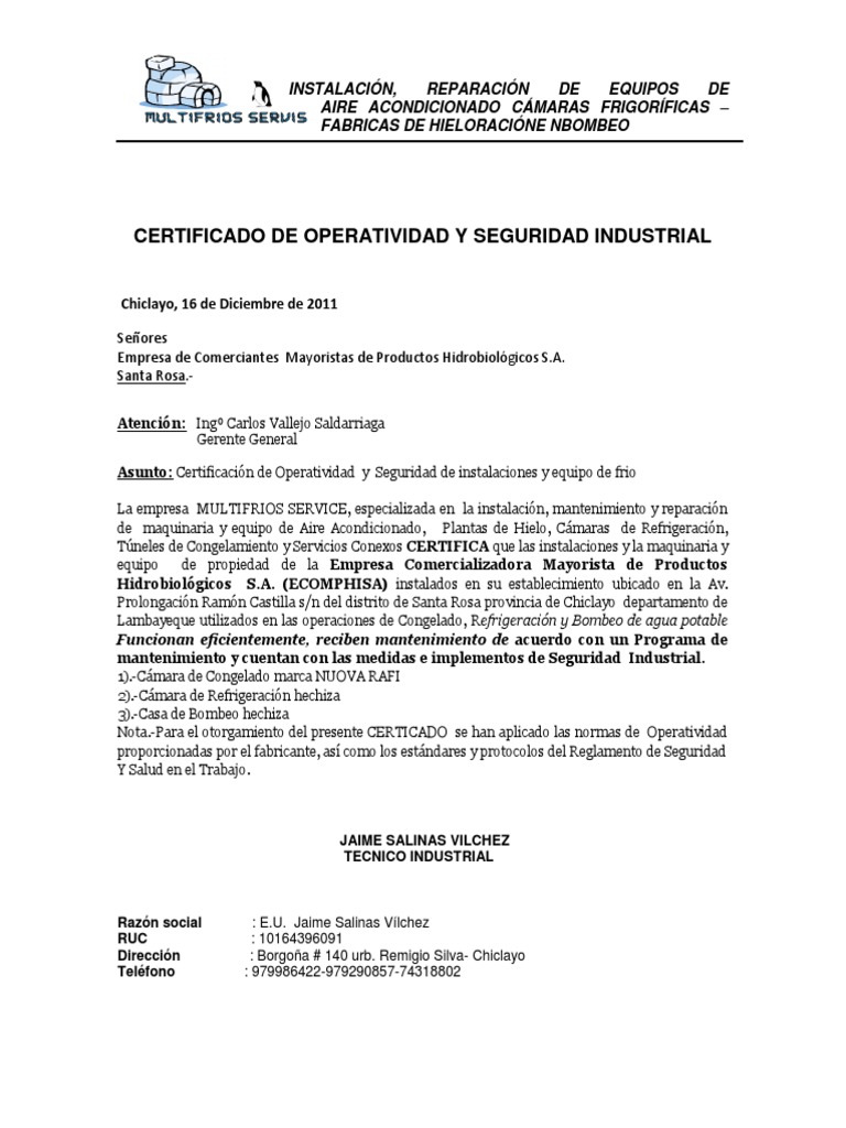 Certificado de Operatividad y Seguridad (ECOMPHISA)