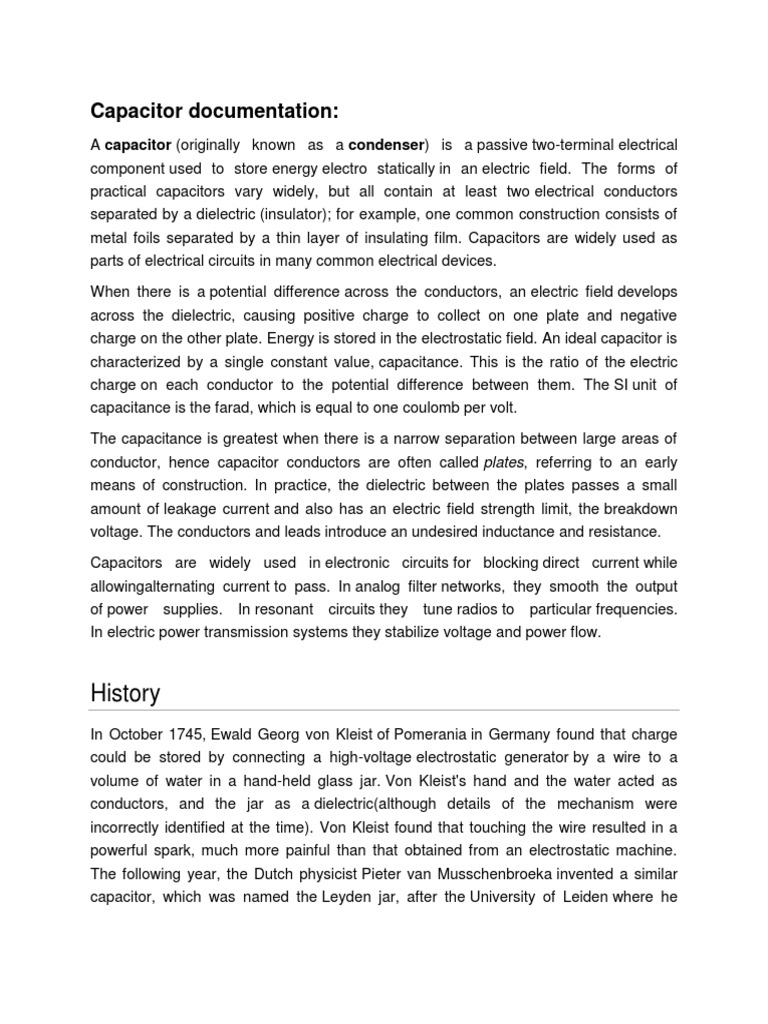 Capacitor Overview and History Guide | PDF | Capacitor | Electrical ...
