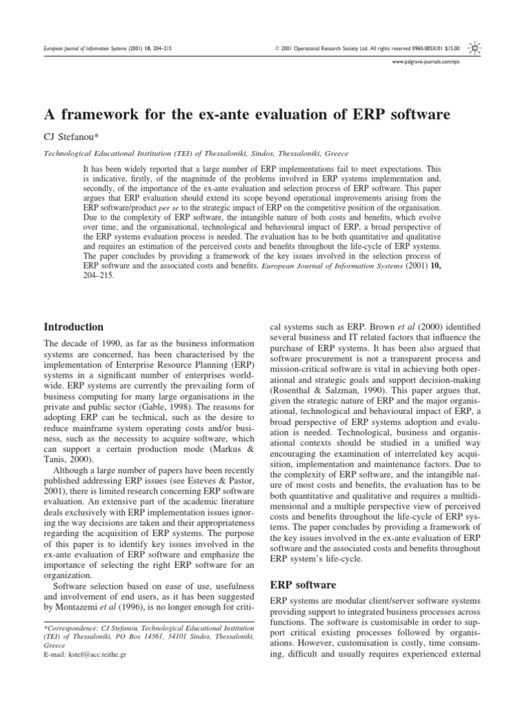 A Framework For The Ex-Ante Evaluation of ERP Software | PDF