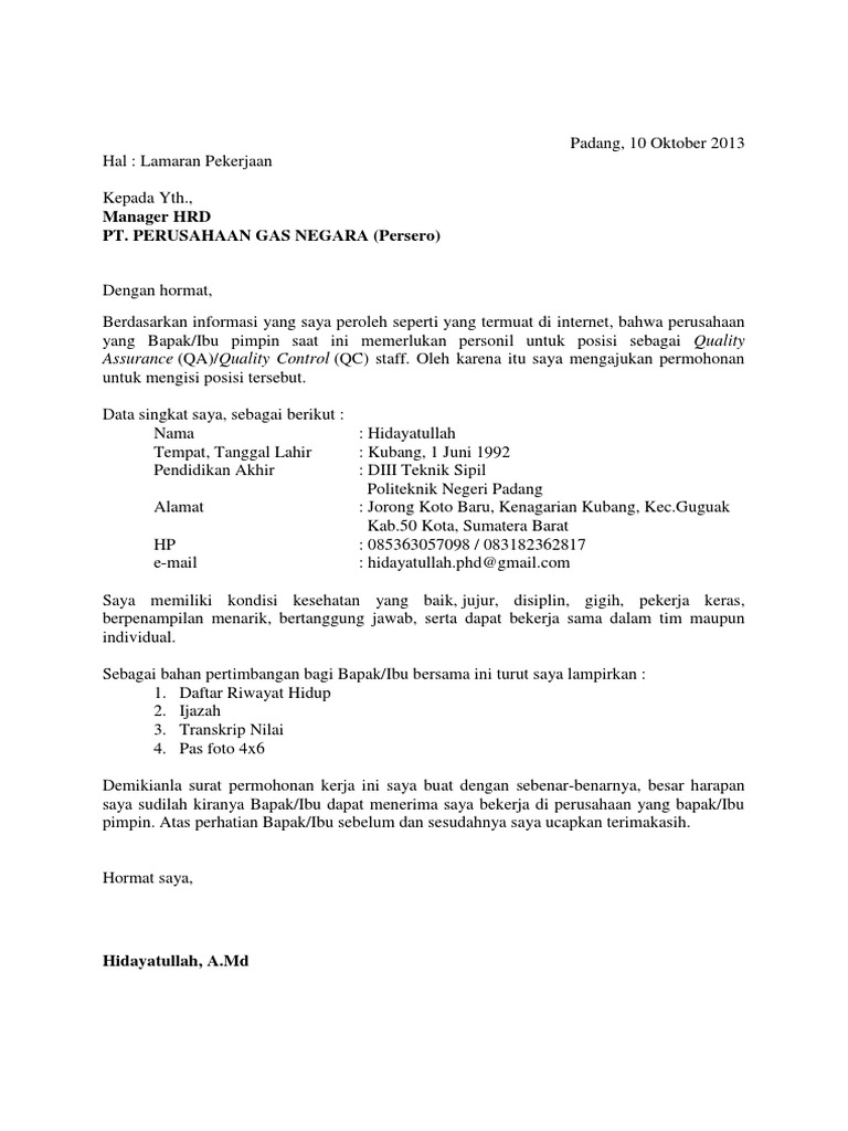 Contoh Surat Lamaran Kerja Quality Assurance