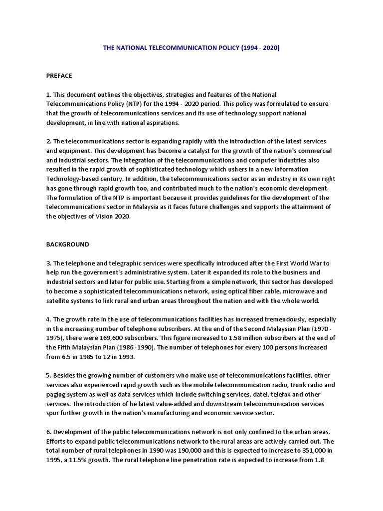 National Telecom Policy Overview 1994-2020 | PDF | Telecommunication ...