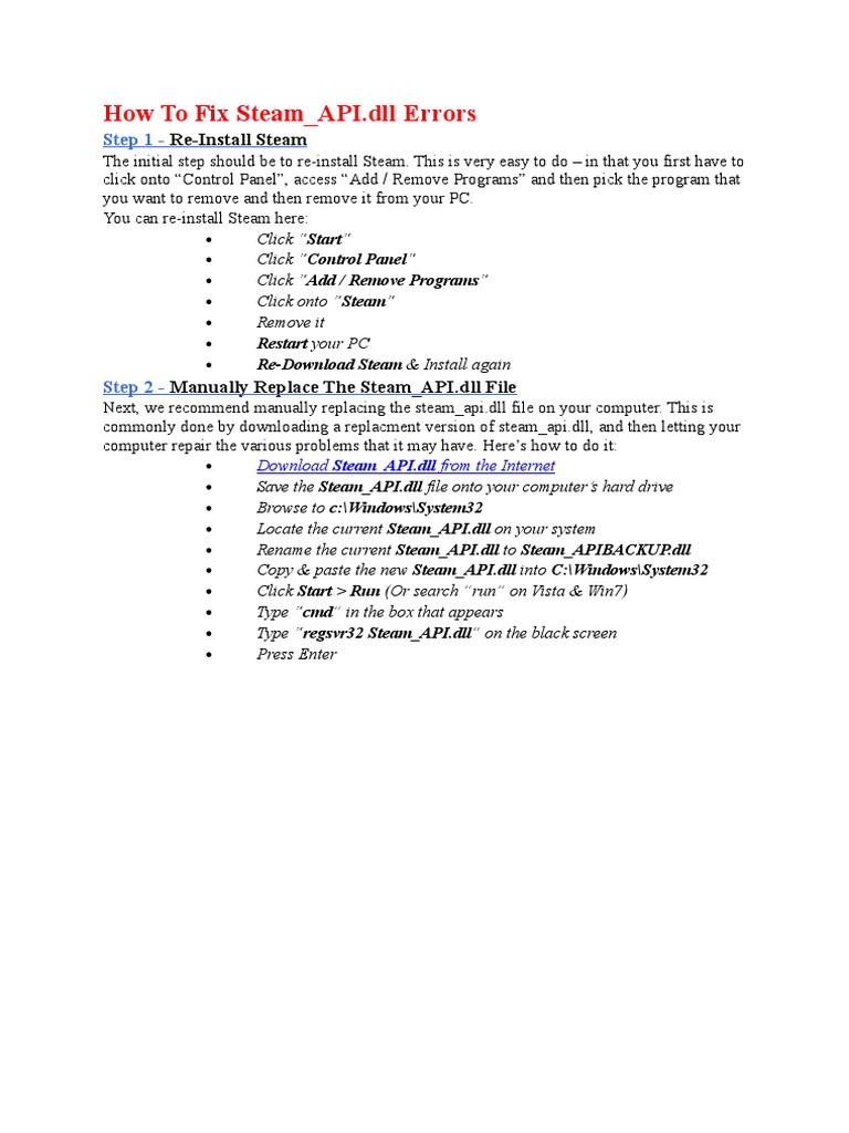 Fixing Steam_API.dll Errors Guide | PDF