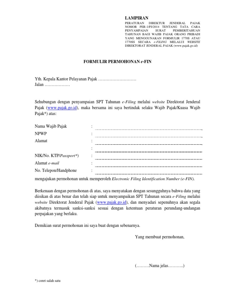 Formulir Pendaftaran Efin Pdf