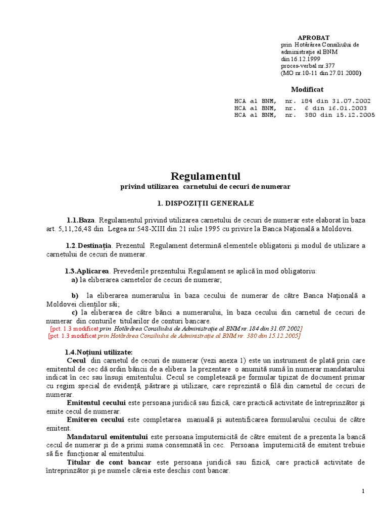Regulament Cecuri de Numerar | PDF