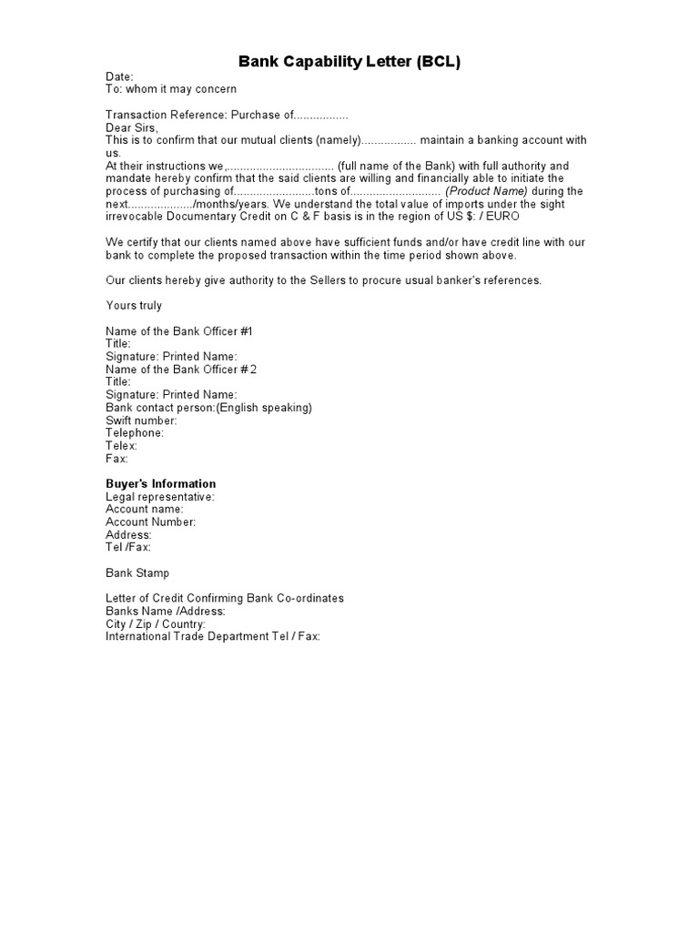 Bank Capability Letter Template | PDF