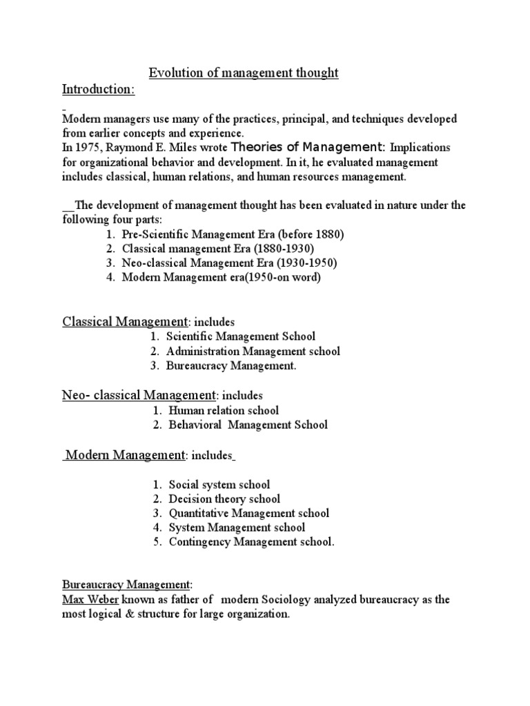 Evolution of Management Thought Overview | PDF | Bureaucracy | Employment