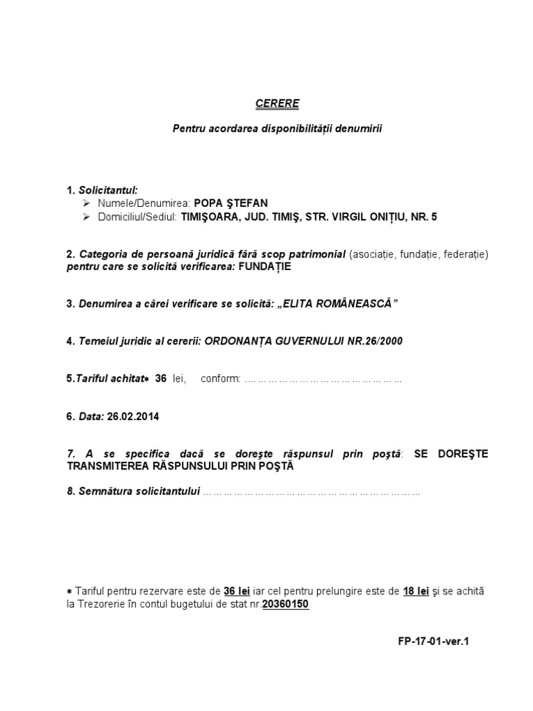 Cerere Rezervare Denumire