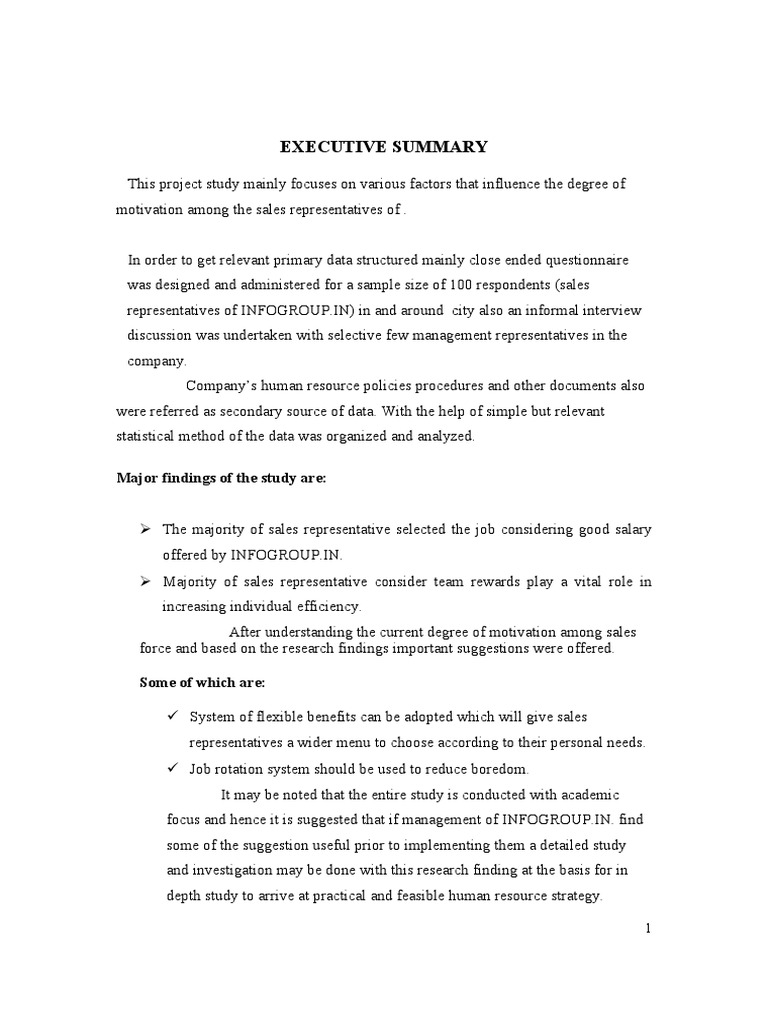 Executive Summary Major findings of the study are