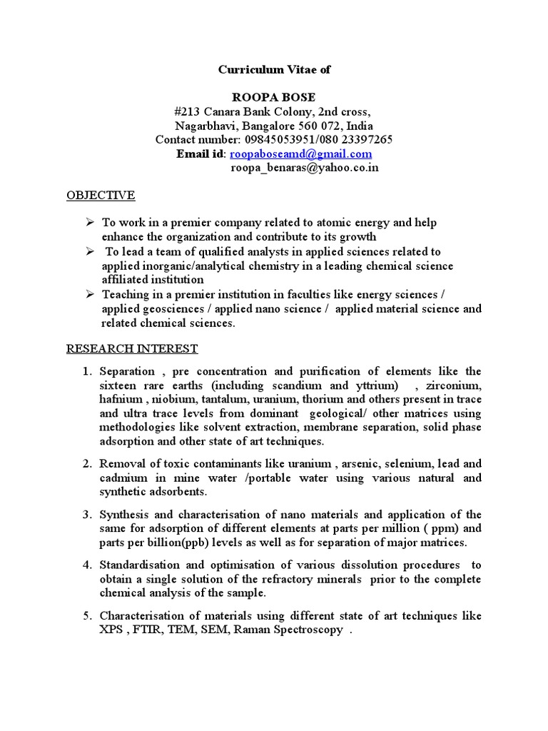 Roopa Bose: CV in Atomic Energy & Chemistry | PDF | Materials ...