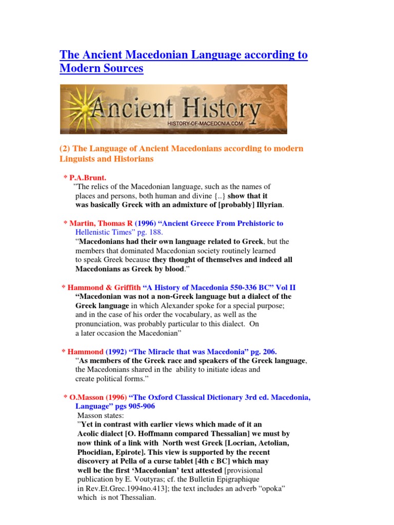 Ancient Macedonian Language According to Modern Sources Macedonia
