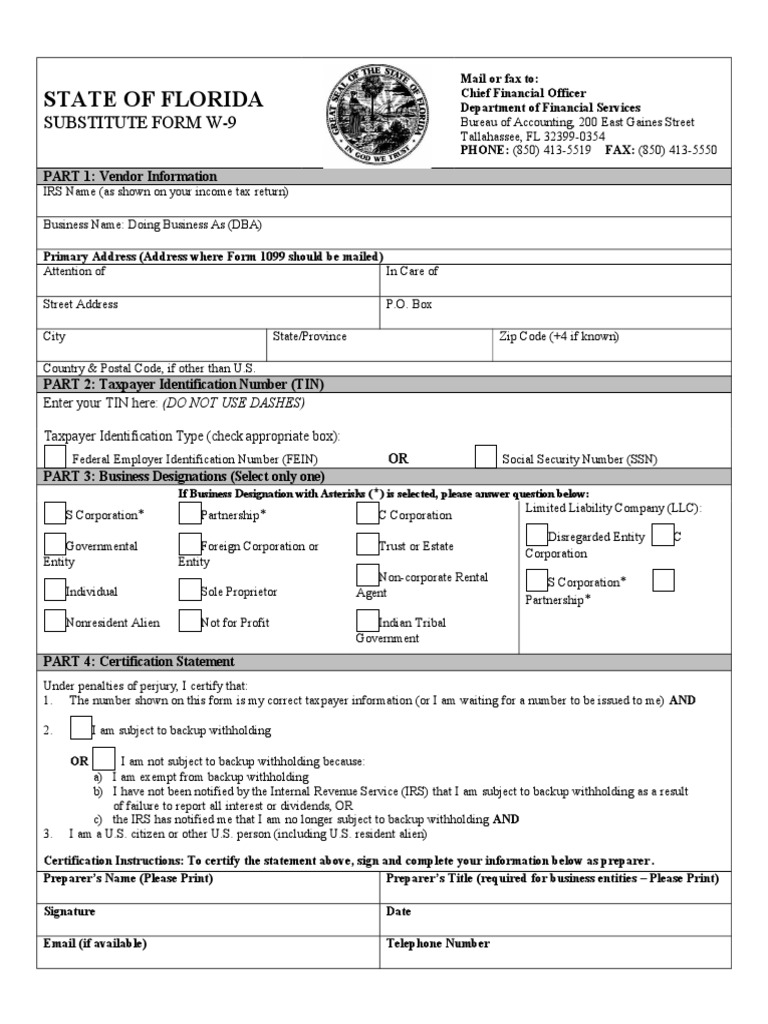 State of Florida: Substitute Form W-9 | PDF | Government | Business