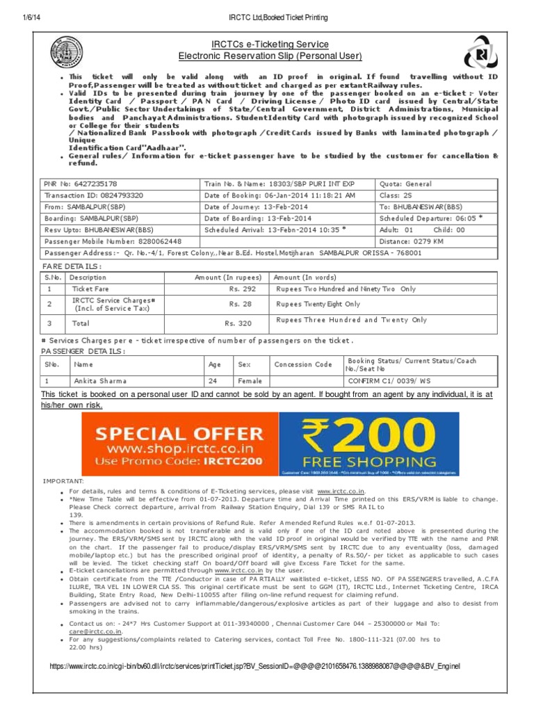 IRCTC E-Ticket Booking Confirmation | PDF | Identity Document | Ticket ...