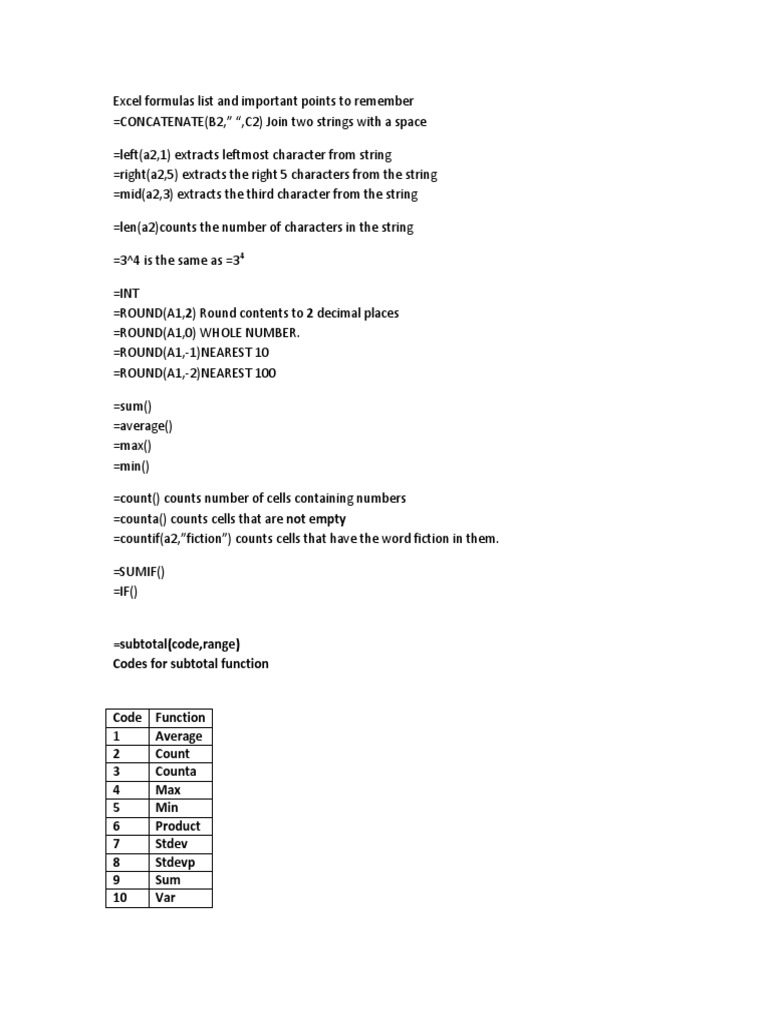 Excel Formulas List and Important Points To Remember PDF Microsoft