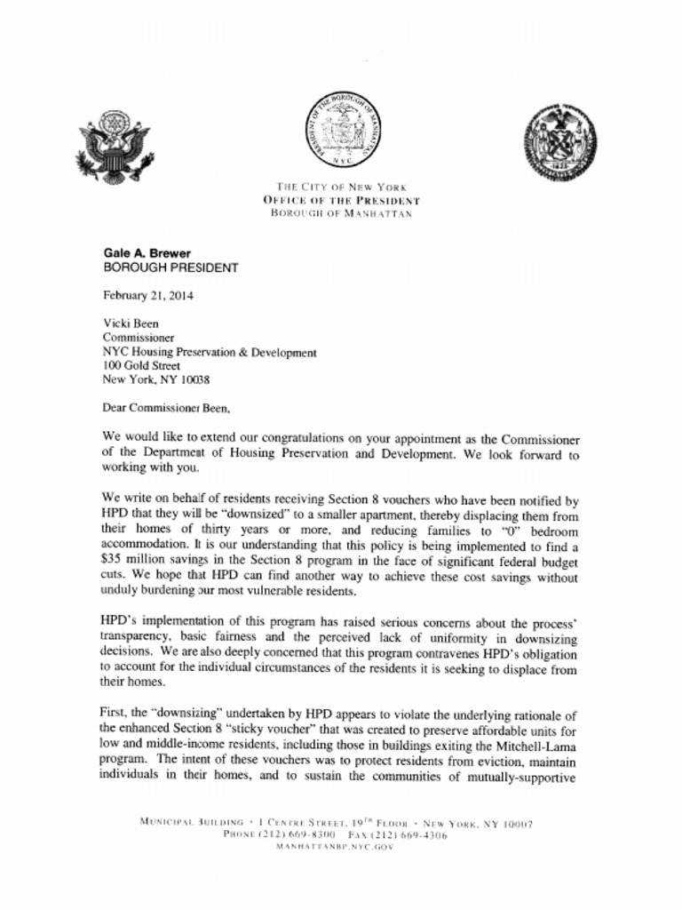 Letter Calling for a Moratorium on Section 8 Downsizing (February 21