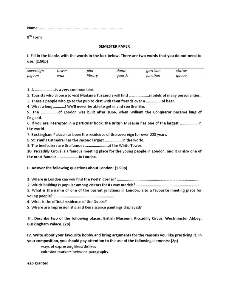 English My Love: 9th Grade Exam Guide | PDF | London
