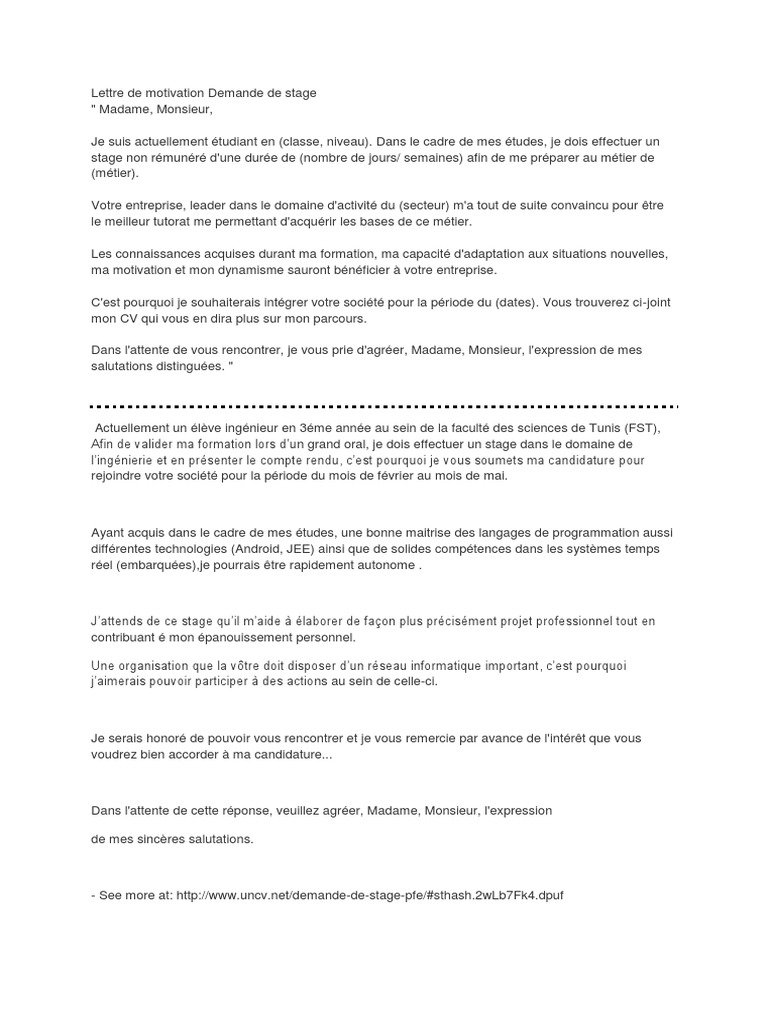 Lettre de Motivation Demande de Stage