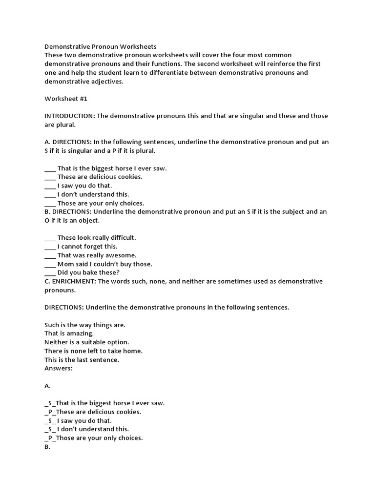 Demonstrative Pronoun Worksheets | Pronoun | Grammatical Number