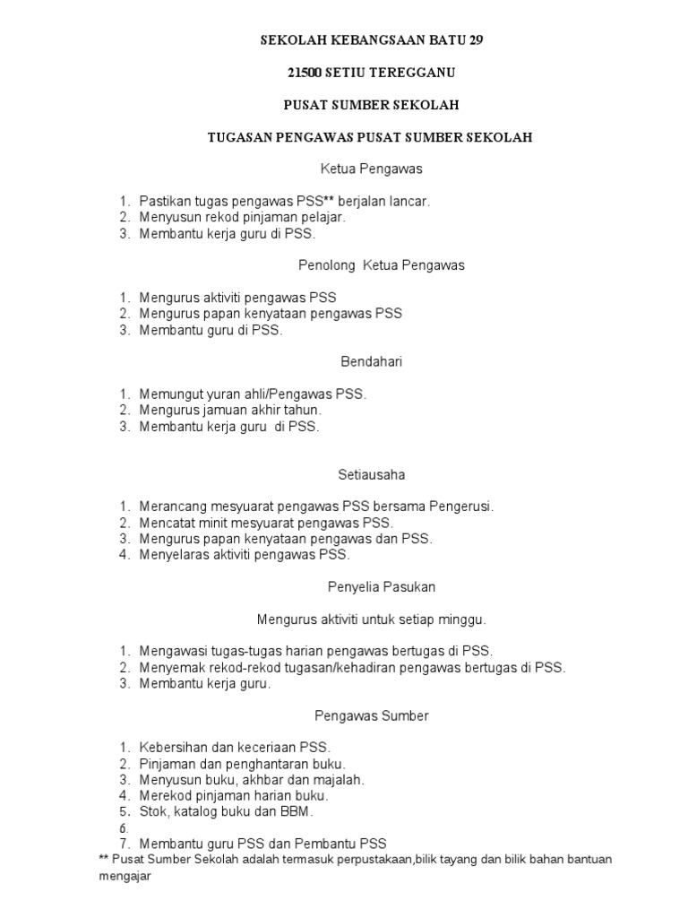 Tugasan Pengawas Pusat Sumber Sekolah Pdf