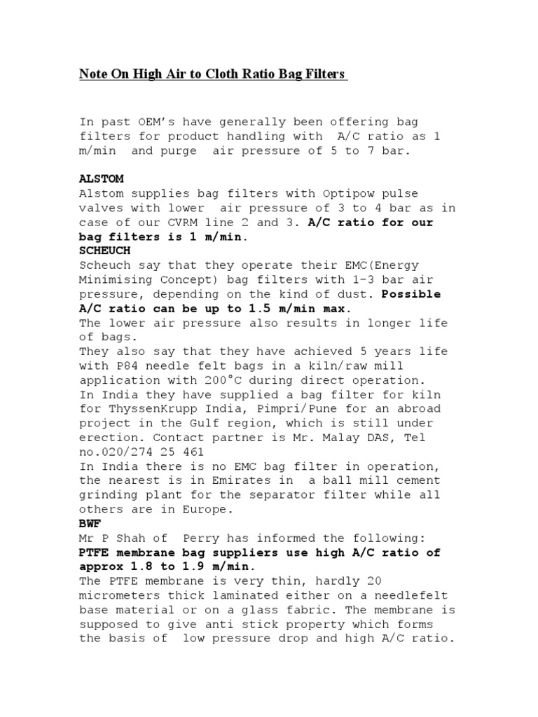 High Air To Cloth Ratio Bag Filter PDF Materials Chemistry