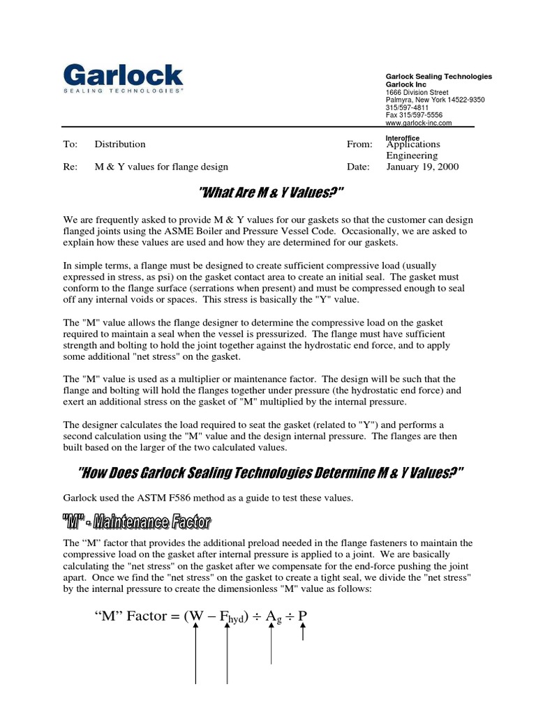 M&Y Gasket Factors PDF Pressure Stress (Mechanics)