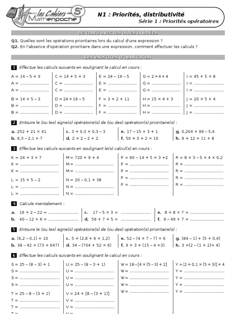 Exercice Enchainement D Opération 5ème Avec Correction Priorités Opératoires Et Distributivité | PDF | Multiplication | Pi