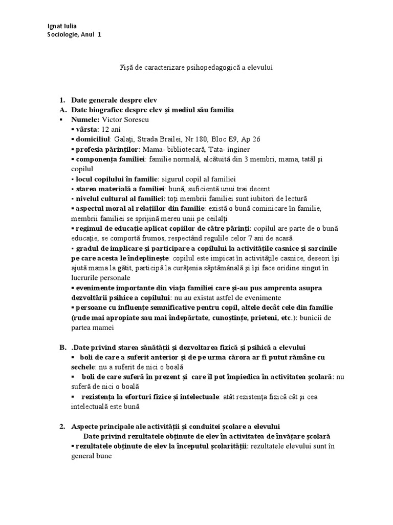 FisÄƒ De Caracterizare PsihopedagogicÄƒ A Elevului