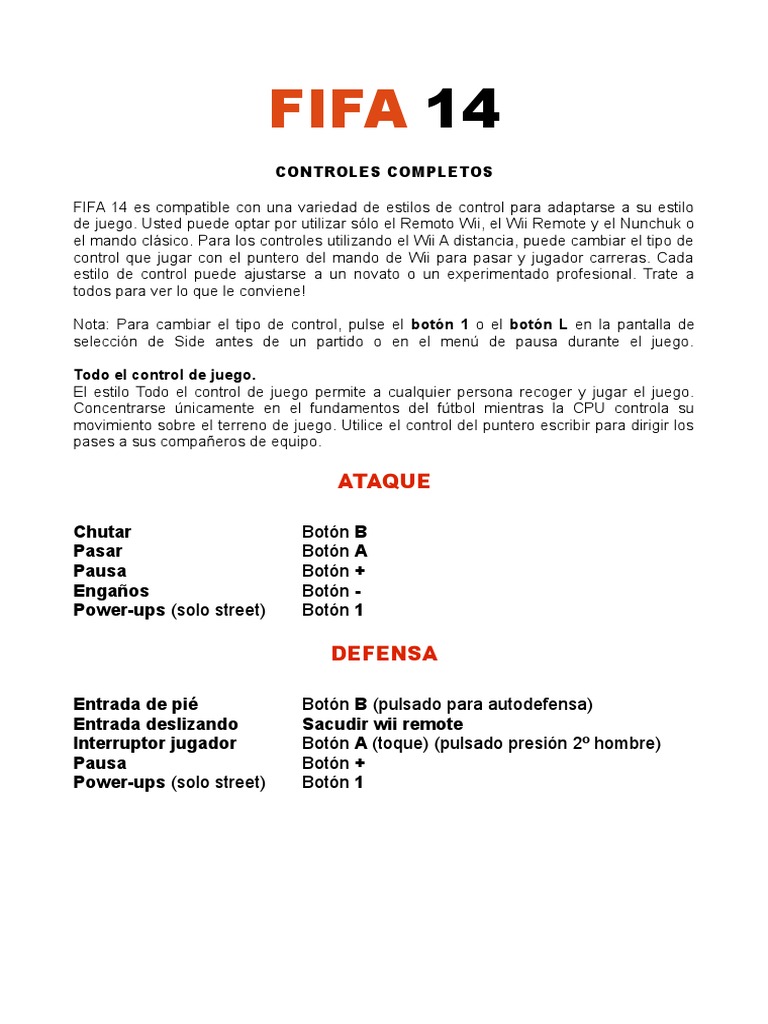 Controles Completos de FIFA 14 en Wii | PDF | Wii | Hardware de videojuegos